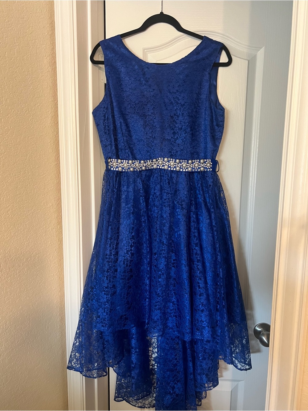 Girls Royal Blue Lace High-Low Party Dress with Jeweled Waist